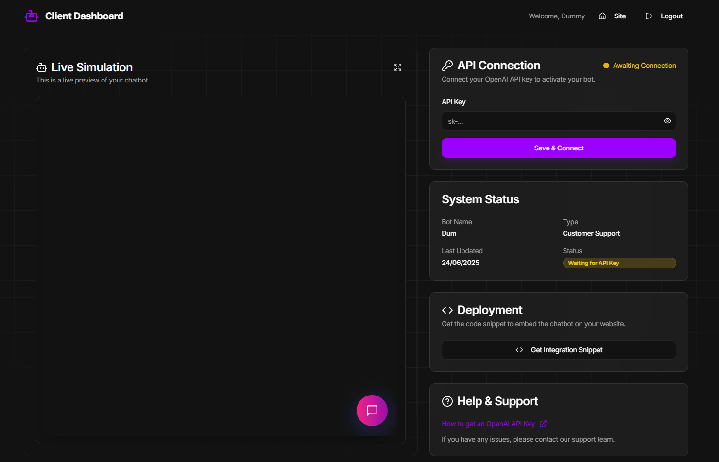 Client Dashboard showing live chatbot simulation and settings